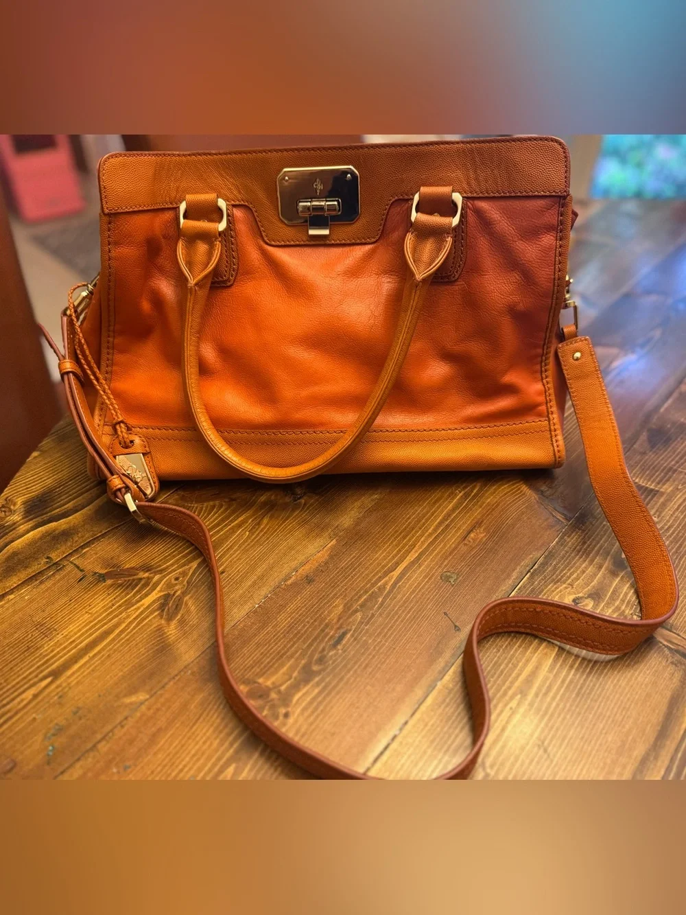 Cole Haan Cognac Leather Satchel Top Handle Bag w/ Crossbody Strap + Dust Bag